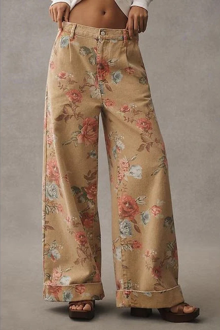 Floral Wide Leg High Waist Casual Pants