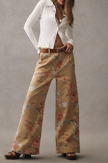 Floral Wide Leg High Waist Casual Pants